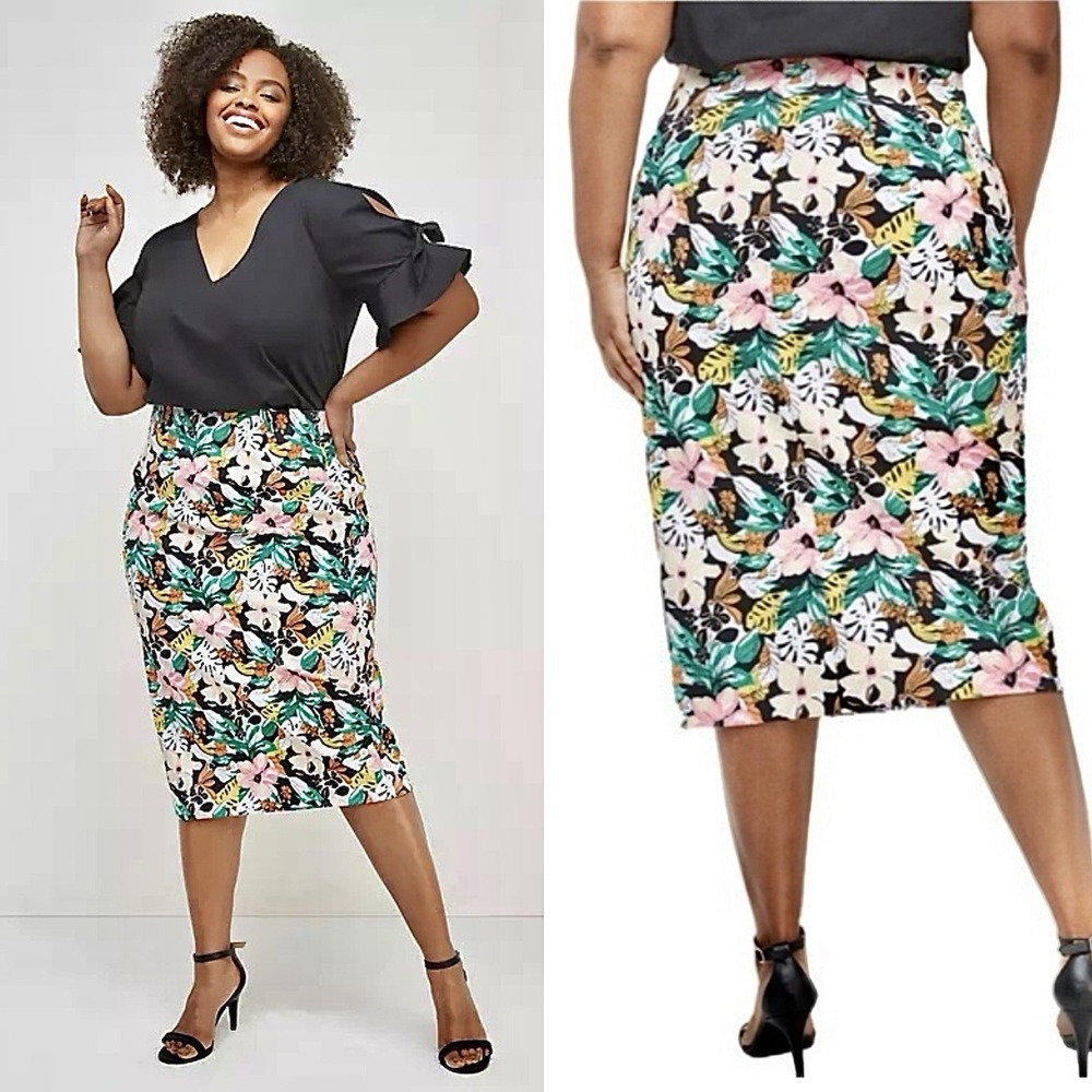 Lane Bryant Scuba Ponte Floral Midi Pencil Skirt‎ Size 24 Fitted Tropical Sexy